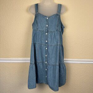 Levis Dress Large Blue Denim Button Up Tiered Summer Mini Ladies Wide Strap